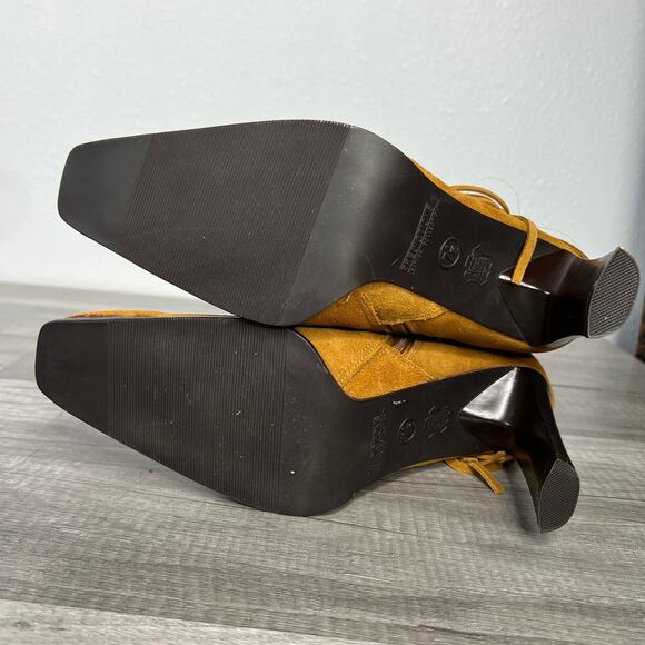 90s Fringe Square Toe Heeled Boots Tan Suede Western Predictions 7 1/2 - Picture 11 of 11